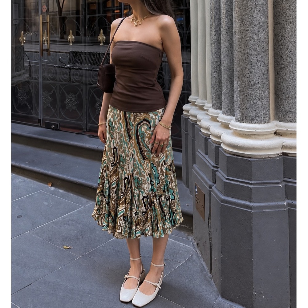 Rafael VTG Crinkle Midi Skirt Godet Paisley Brown Teal S Cowgirl Romantic Fairy